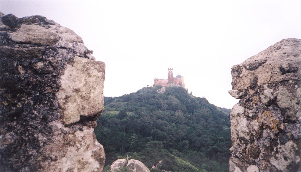 A view from the ramparts of the Pena Palace atop a neighbouring hill