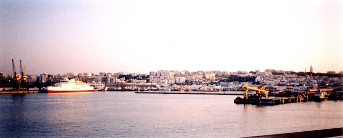 Approaching the port of Tangiers at sunset