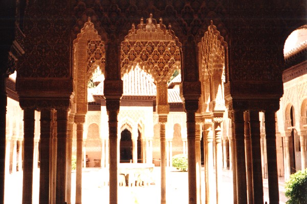 A beautiful patio with a central fountain inside the Alcázar palace