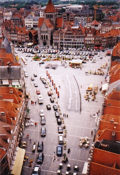 Looking down at the three-sided Grand Place from the top of the belfry