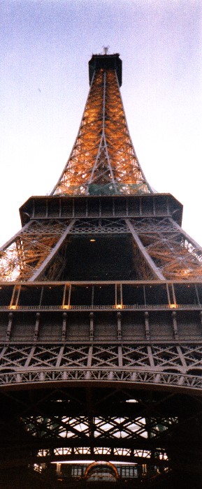 The Eiffel Tower illuminated at dusk